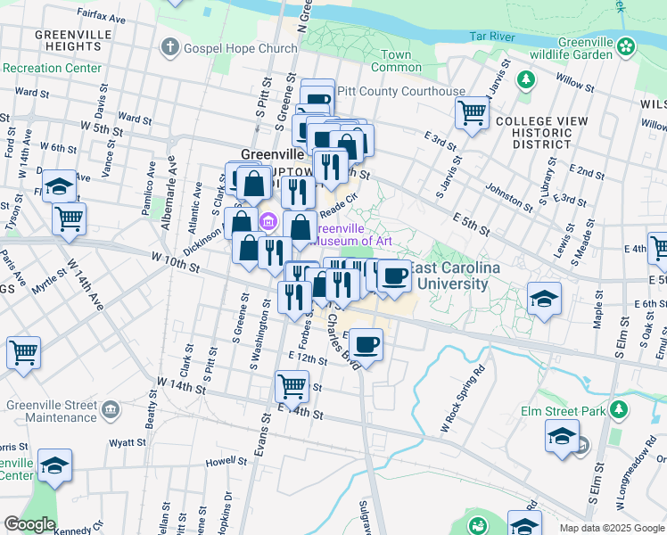 map of restaurants, bars, coffee shops, grocery stores, and more near 115 9th Street in Greenville