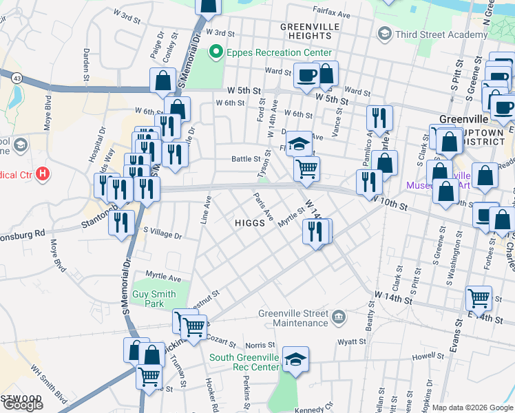 map of restaurants, bars, coffee shops, grocery stores, and more near 403 Paris Avenue in Greenville