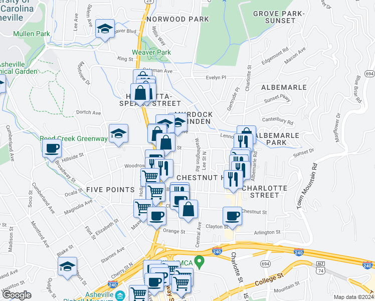 map of restaurants, bars, coffee shops, grocery stores, and more near 109 North Liberty Street in Asheville