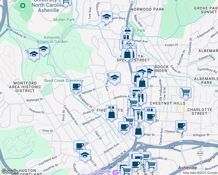 map of restaurants, bars, coffee shops, grocery stores, and more near 119 Hillside Street in Asheville