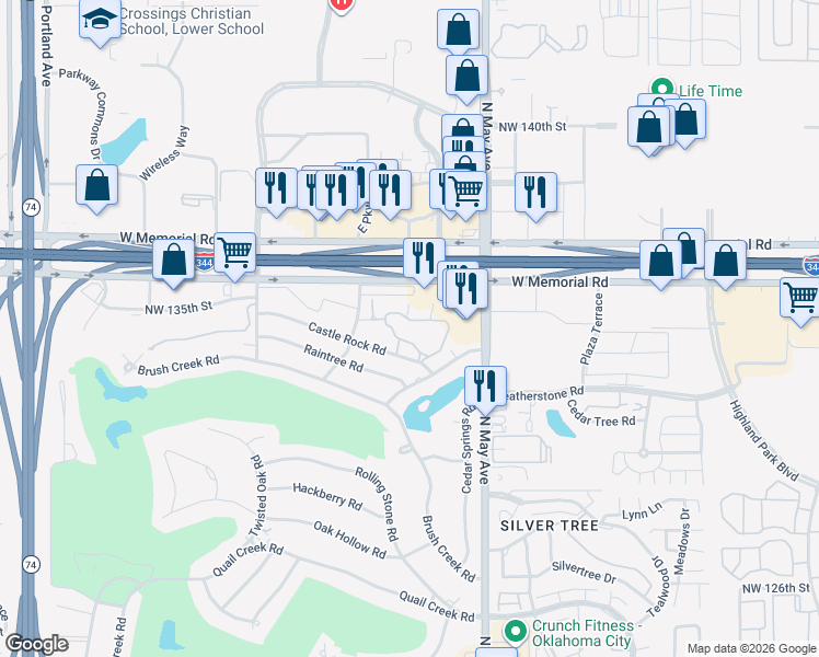 map of restaurants, bars, coffee shops, grocery stores, and more near 70 Fountaingate Road in Oklahoma City