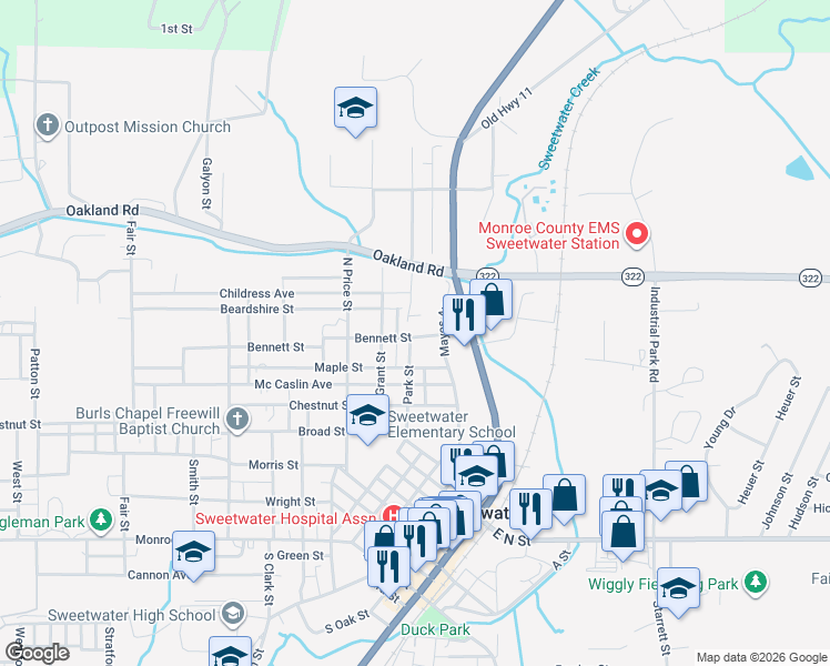 map of restaurants, bars, coffee shops, grocery stores, and more near 206 Bennett Street in Sweetwater