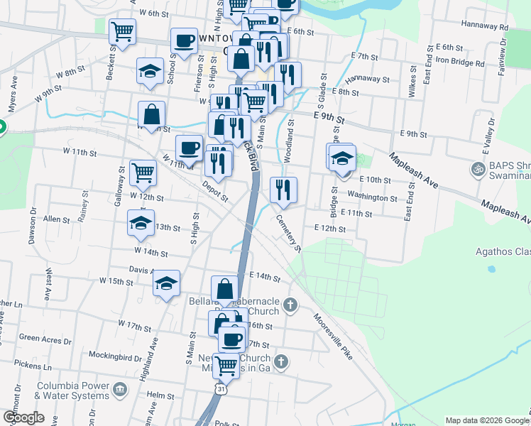 map of restaurants, bars, coffee shops, grocery stores, and more near 114 Cemetery Street in Columbia