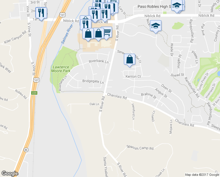 map of restaurants, bars, coffee shops, grocery stores, and more near 1860 Serra Way in Paso Robles