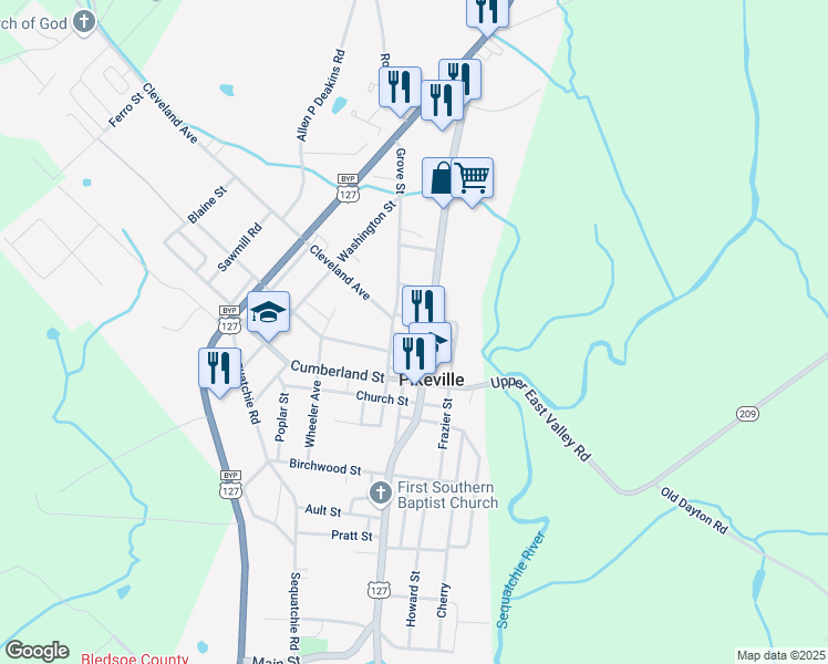 map of restaurants, bars, coffee shops, grocery stores, and more near 47 Senator Street in Pikeville
