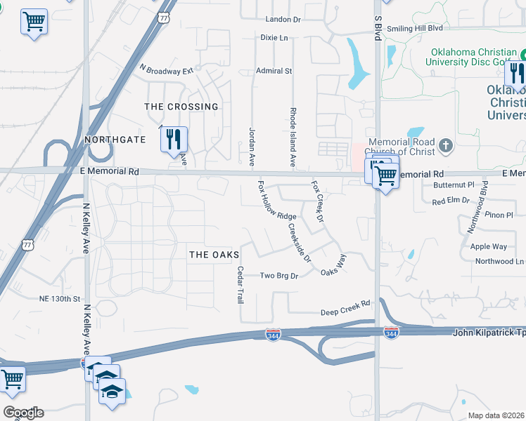 map of restaurants, bars, coffee shops, grocery stores, and more near 1512 Steeple Chase Street in Oklahoma City