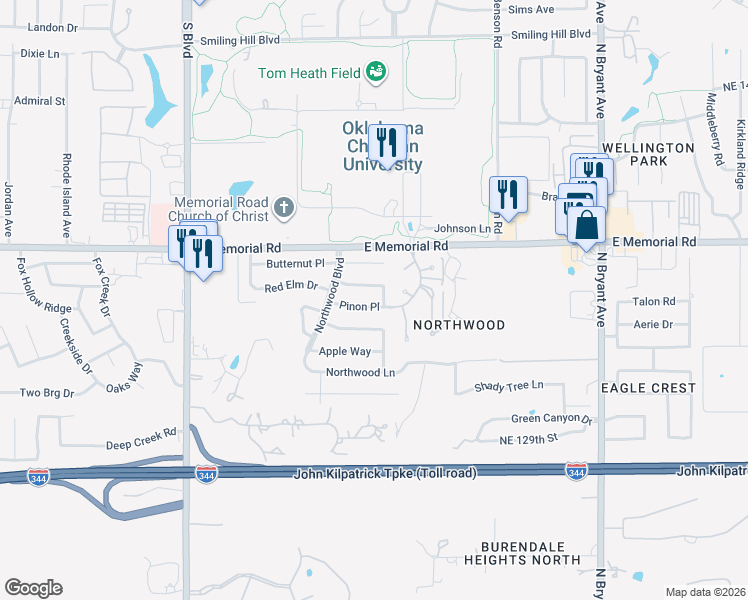map of restaurants, bars, coffee shops, grocery stores, and more near 2421 Pinon Place in Edmond