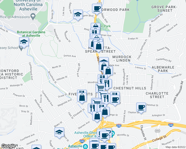 map of restaurants, bars, coffee shops, grocery stores, and more near 155 Hillside Street in Asheville