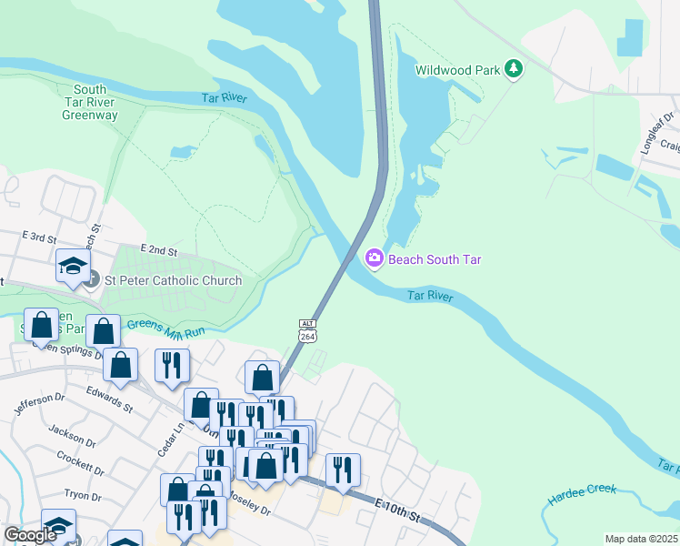 map of restaurants, bars, coffee shops, grocery stores, and more near 2399 Greenville Boulevard Northeast in Greenville