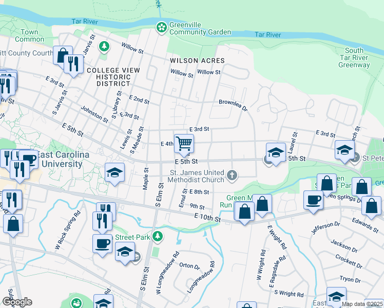 map of restaurants, bars, coffee shops, grocery stores, and more near 411 Ash Street in Goldsboro