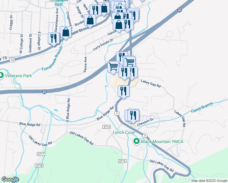 map of restaurants, bars, coffee shops, grocery stores, and more near 604 North Carolina 9 in Black Mountain