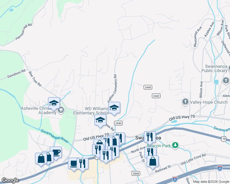 map of restaurants, bars, coffee shops, grocery stores, and more near 55 Patton Cemetery Road in Swannanoa