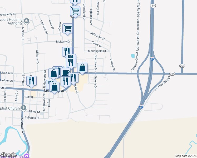 map of restaurants, bars, coffee shops, grocery stores, and more near 2500 Galeria Drive in Newport