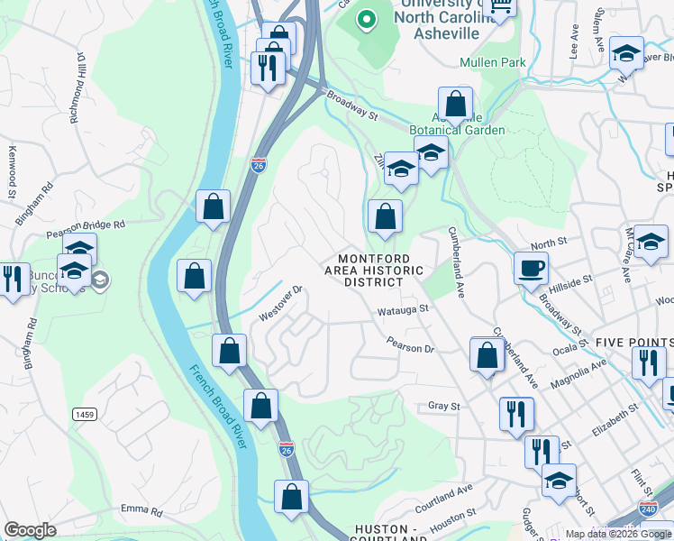 map of restaurants, bars, coffee shops, grocery stores, and more near 305 Pearson Drive in Asheville