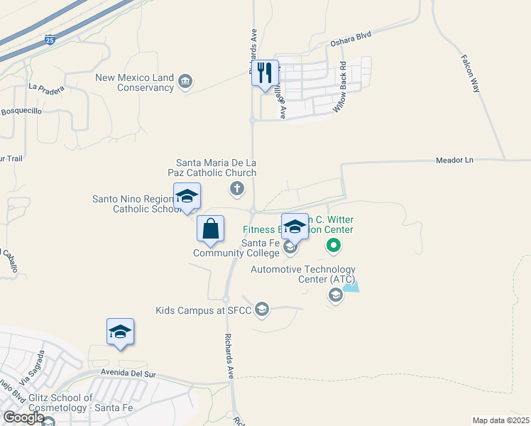 map of restaurants, bars, coffee shops, grocery stores, and more near College Drive in Santa Fe County