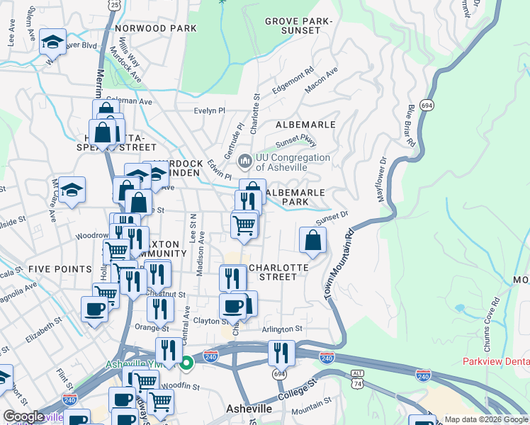 map of restaurants, bars, coffee shops, grocery stores, and more near 101 Orchard Road in Asheville