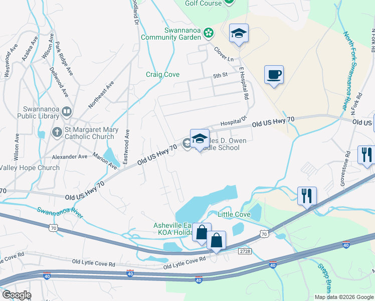 map of restaurants, bars, coffee shops, grocery stores, and more near 730 Old US Highway 70 in Swannanoa