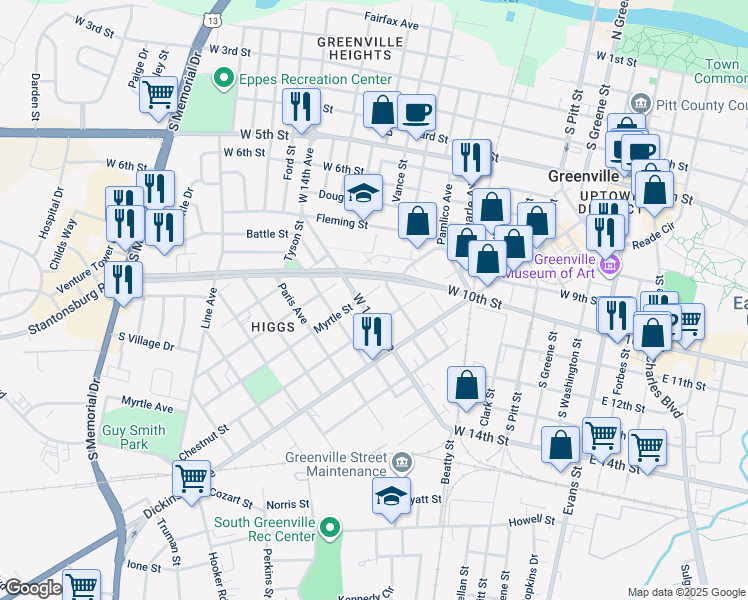 map of restaurants, bars, coffee shops, grocery stores, and more near 1209 Myrtle St in Greenville