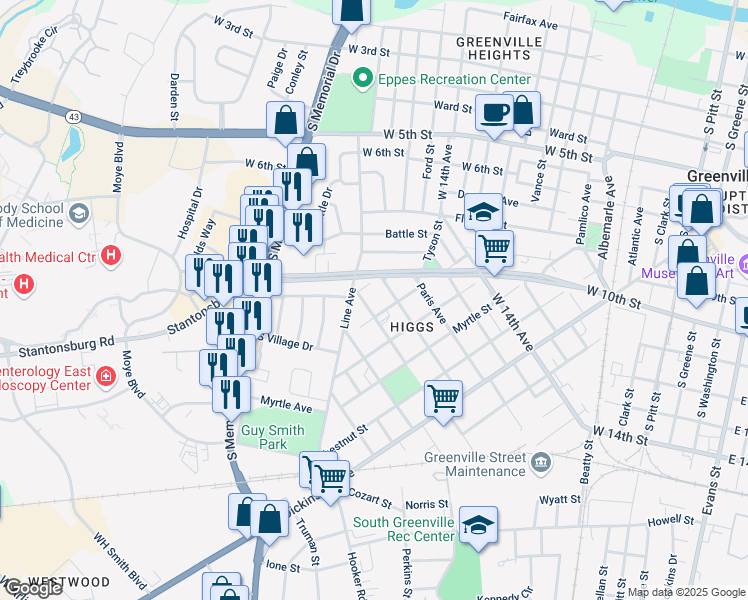 map of restaurants, bars, coffee shops, grocery stores, and more near 1600-1698 Halifax Street in Greenville