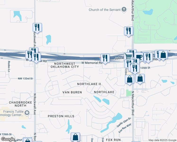 map of restaurants, bars, coffee shops, grocery stores, and more near 13500 Brandon Place in Oklahoma City