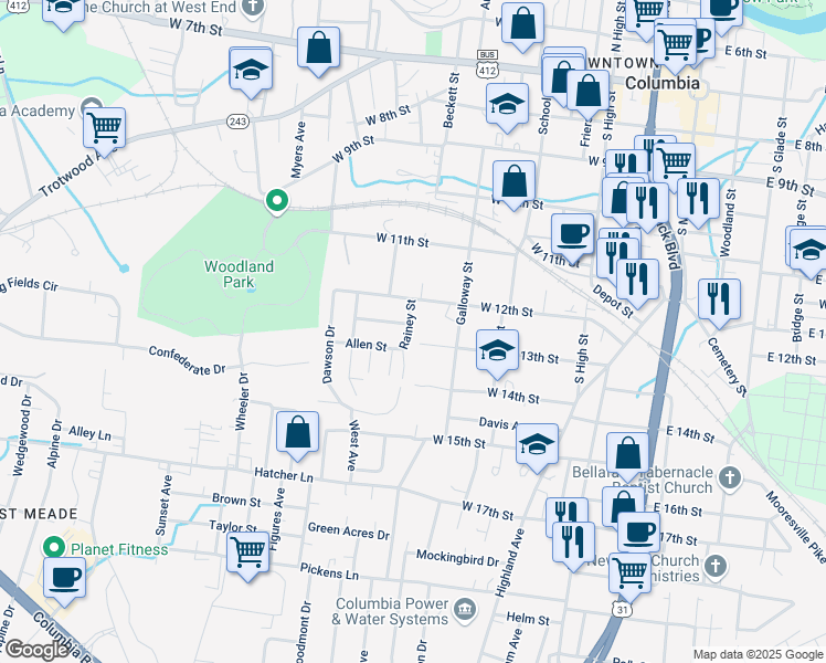 map of restaurants, bars, coffee shops, grocery stores, and more near 601 Louise Street in Columbia