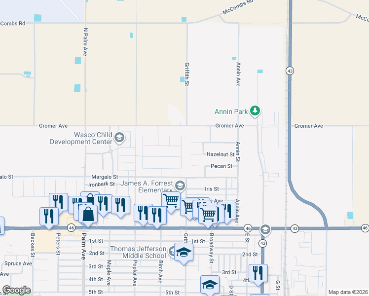 map of restaurants, bars, coffee shops, grocery stores, and more near 1232 Hazelnut Street in Wasco