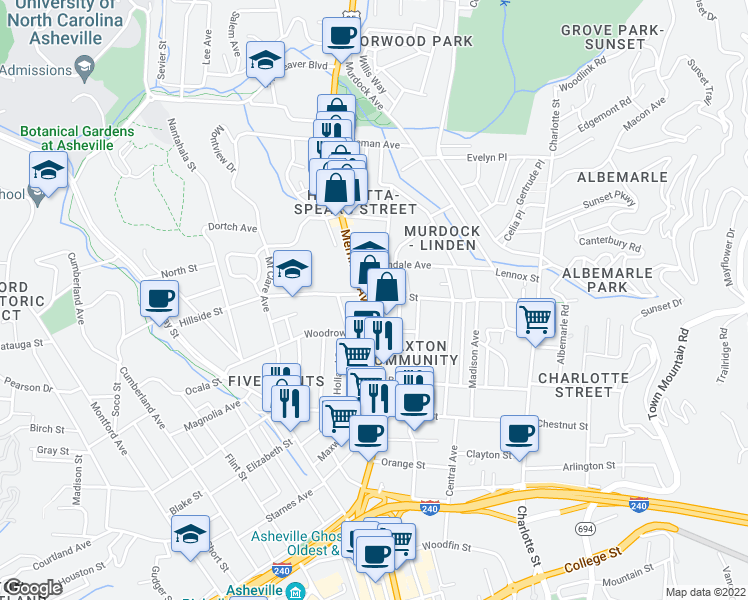 map of restaurants, bars, coffee shops, grocery stores, and more near 234 Merrimon Avenue in Asheville