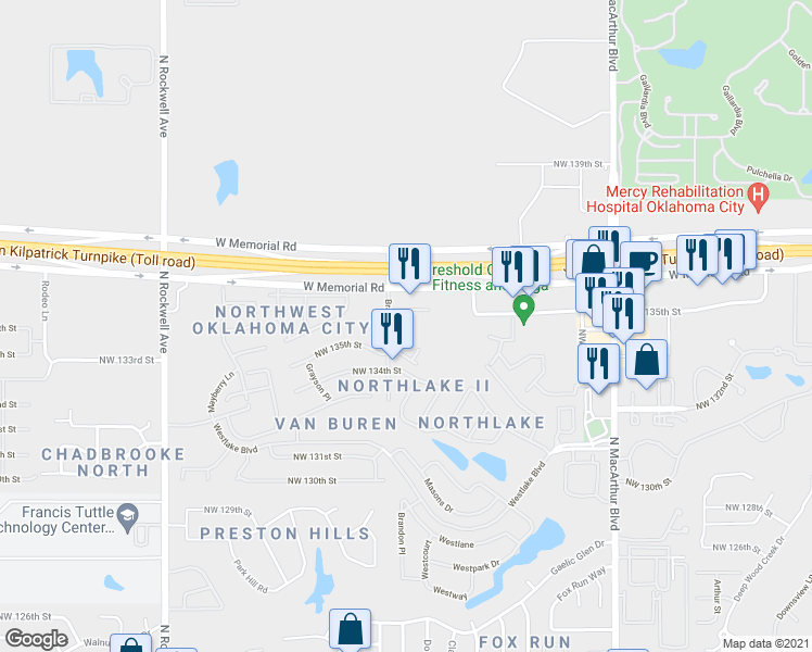 map of restaurants, bars, coffee shops, grocery stores, and more near 13500 Brandon Place in Oklahoma City