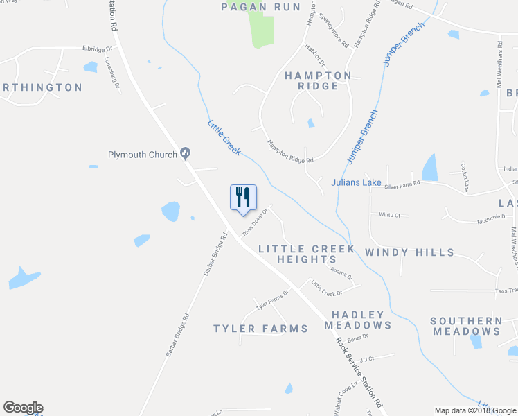map of restaurants, bars, coffee shops, grocery stores, and more near 4408 River Down Drive in Raleigh