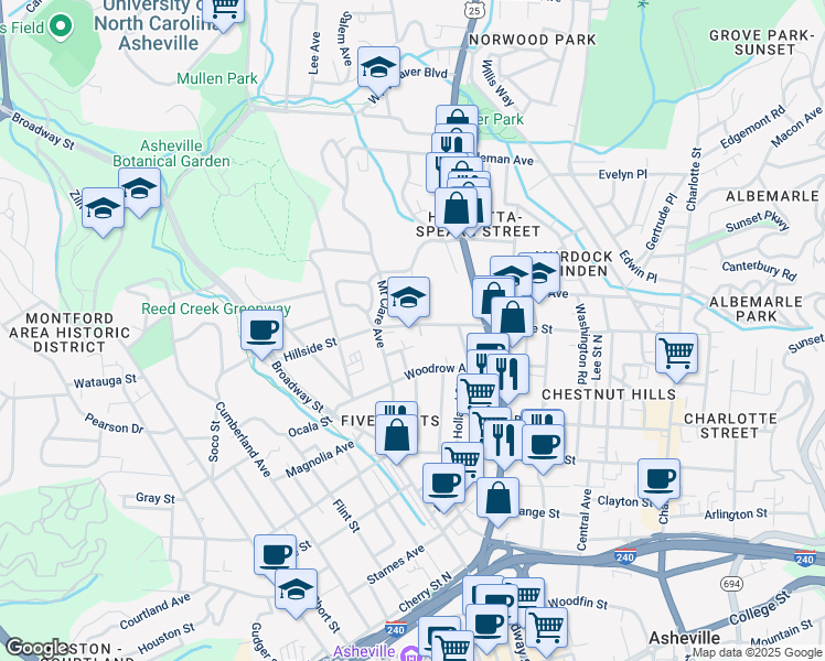 map of restaurants, bars, coffee shops, grocery stores, and more near 127 Hillside Street in Asheville