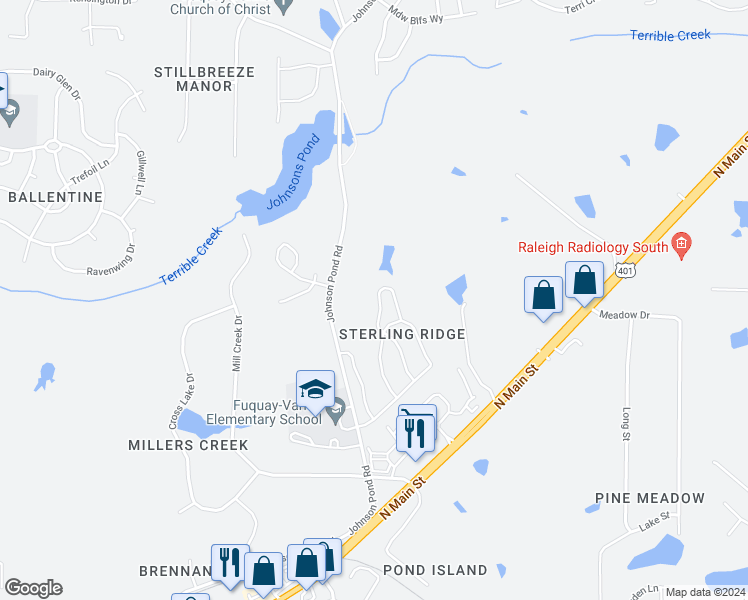 map of restaurants, bars, coffee shops, grocery stores, and more near 1525 Essexwood Drive in Fuquay Varina