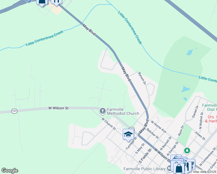 map of restaurants, bars, coffee shops, grocery stores, and more near 4424 Parker Ct in Farmville