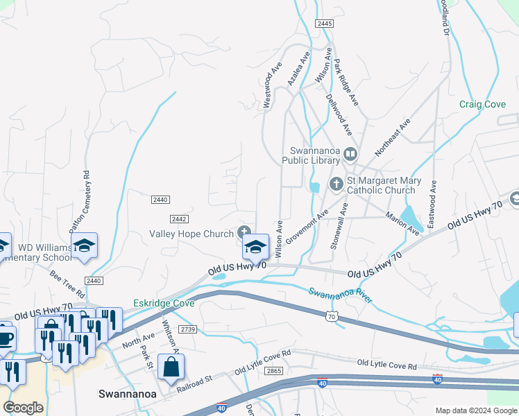 map of restaurants, bars, coffee shops, grocery stores, and more near 128 Rockdale Avenue in Swannanoa
