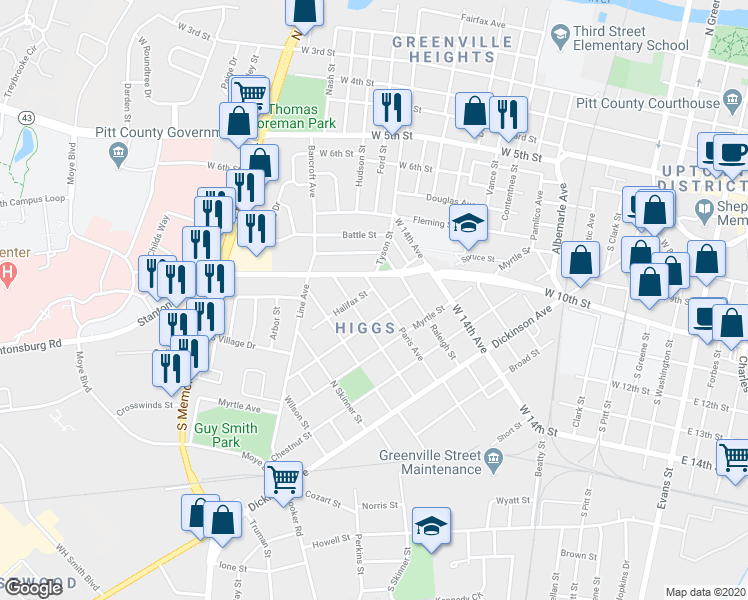 map of restaurants, bars, coffee shops, grocery stores, and more near 405 Paris Avenue in Greenville