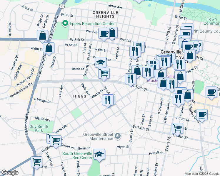 map of restaurants, bars, coffee shops, grocery stores, and more near 1209 Myrtle St in Greenville