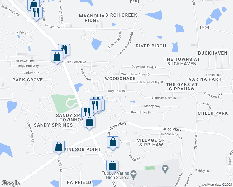 map of restaurants, bars, coffee shops, grocery stores, and more near 336 Holly Briar Drive in Fuquay Varina