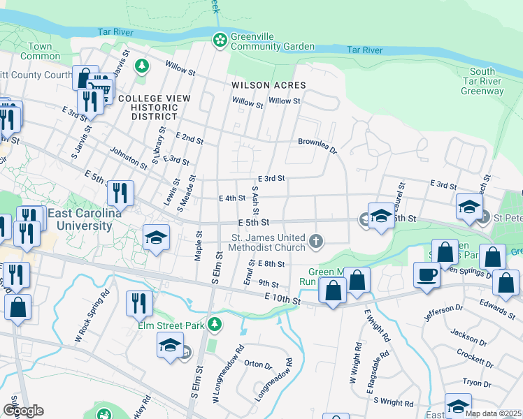 map of restaurants, bars, coffee shops, grocery stores, and more near 409 South Ash Street in Greenville
