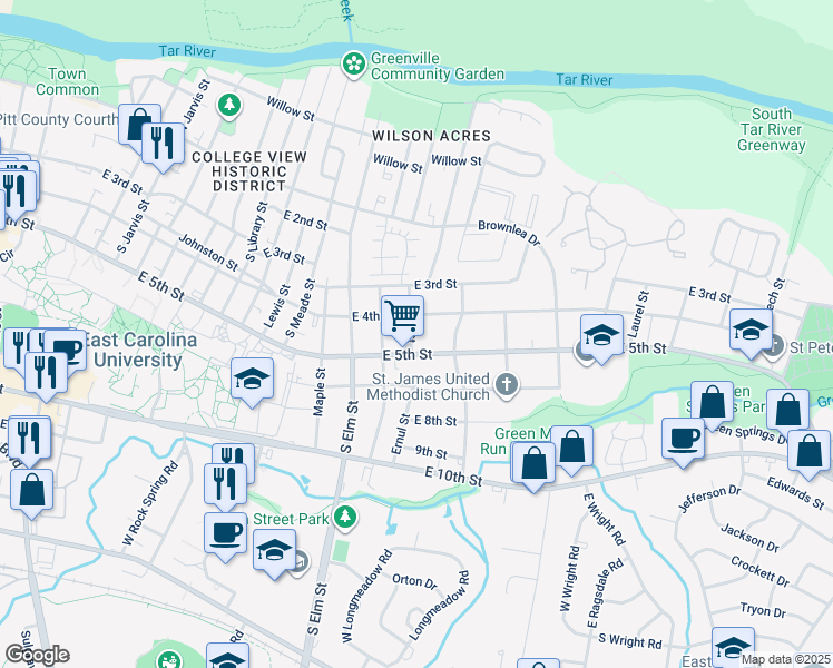map of restaurants, bars, coffee shops, grocery stores, and more near 409 South Ash Street in Greenville