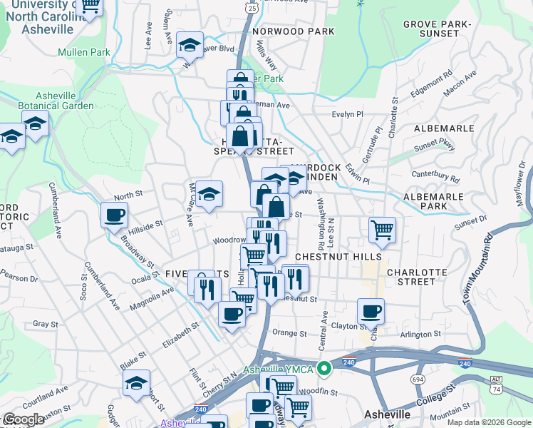 map of restaurants, bars, coffee shops, grocery stores, and more near 234 Merrimon Avenue in Asheville