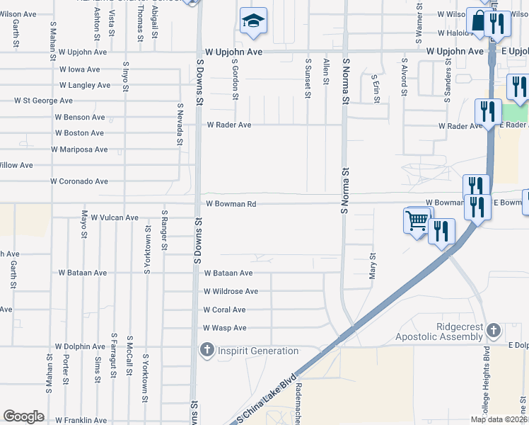 map of restaurants, bars, coffee shops, grocery stores, and more near 725 Bowman Road in Ridgecrest