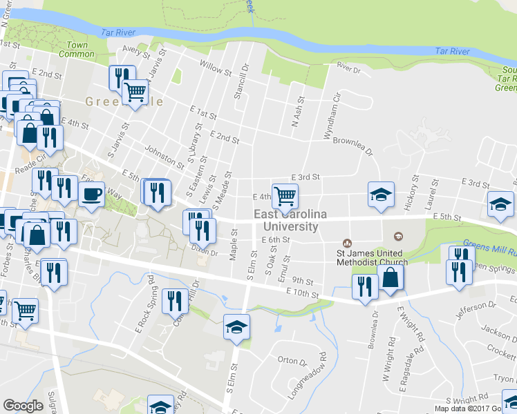 map of restaurants, bars, coffee shops, grocery stores, and more near 411 South Elm Street in Greenville
