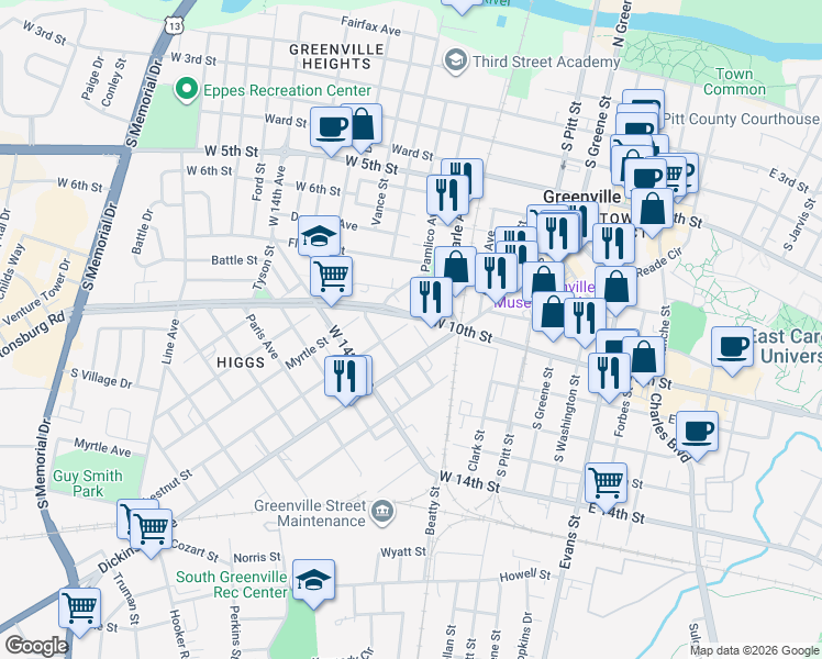 map of restaurants, bars, coffee shops, grocery stores, and more near 1105 Chestnut Street in Greenville