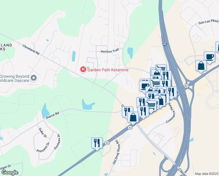 map of restaurants, bars, coffee shops, grocery stores, and more near 705 Glen Road in Garner