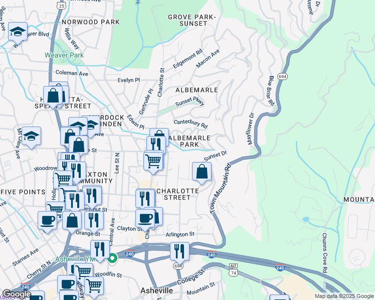map of restaurants, bars, coffee shops, grocery stores, and more near 22 Von Ruck Court in Asheville