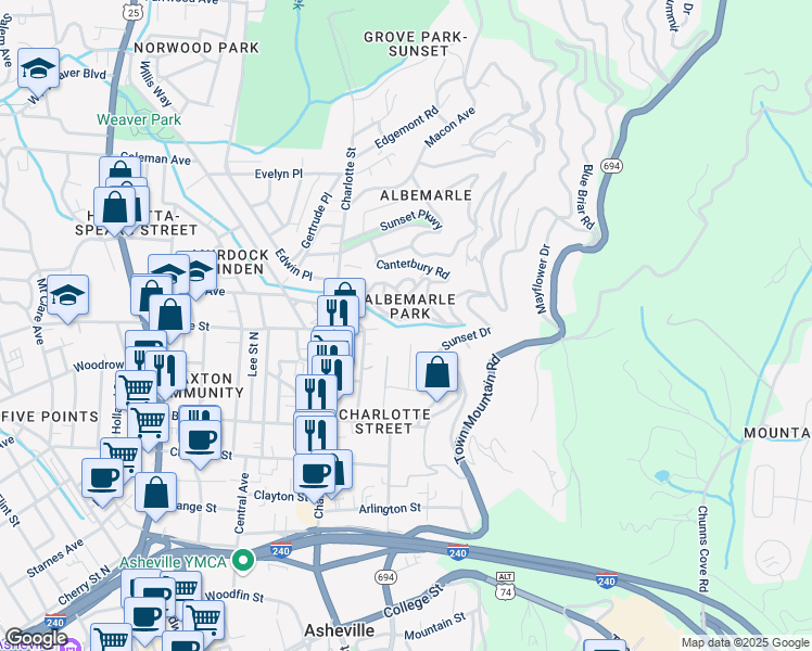 map of restaurants, bars, coffee shops, grocery stores, and more near 22 Von Ruck Court in Asheville