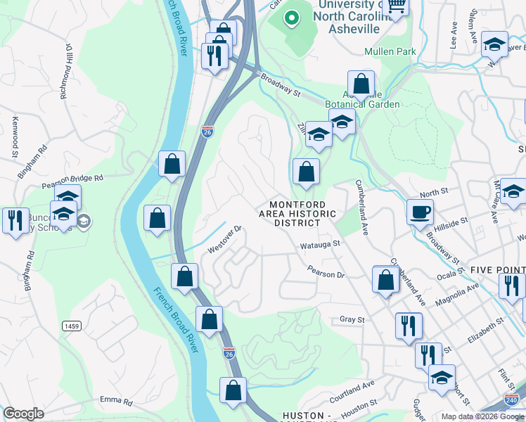 map of restaurants, bars, coffee shops, grocery stores, and more near 305 Pearson Drive in Asheville