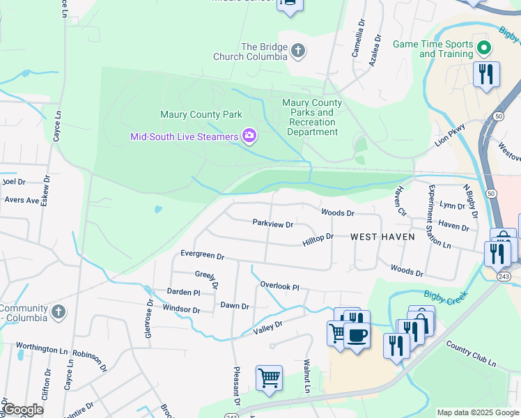 map of restaurants, bars, coffee shops, grocery stores, and more near 400 Parkview Drive in Columbia
