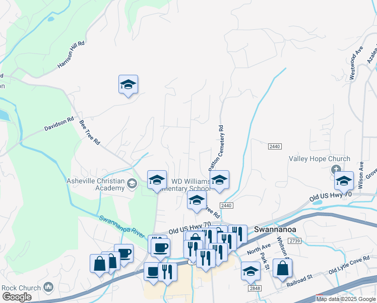 map of restaurants, bars, coffee shops, grocery stores, and more near 140 Mountain Crest Road in Swannanoa