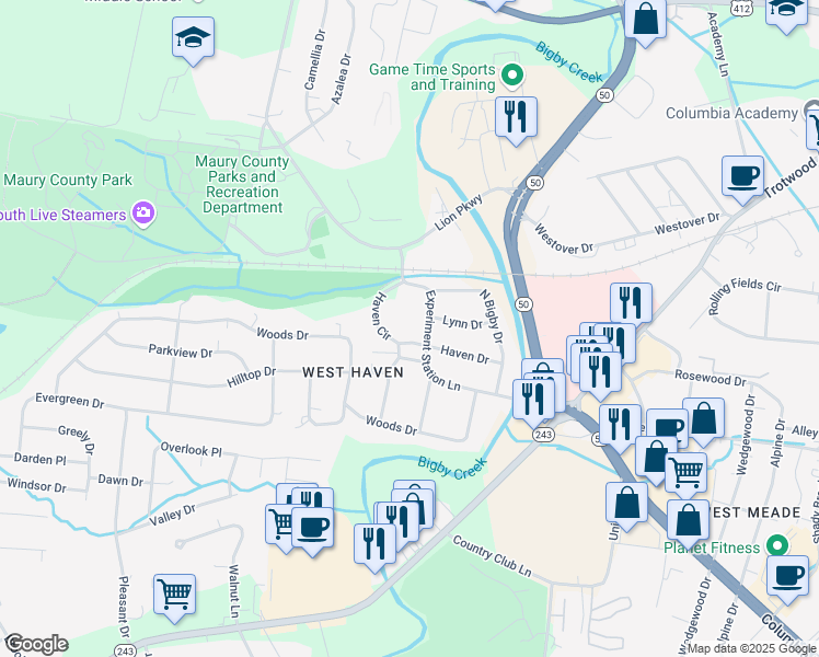 map of restaurants, bars, coffee shops, grocery stores, and more near 212 Haven Circle in Columbia