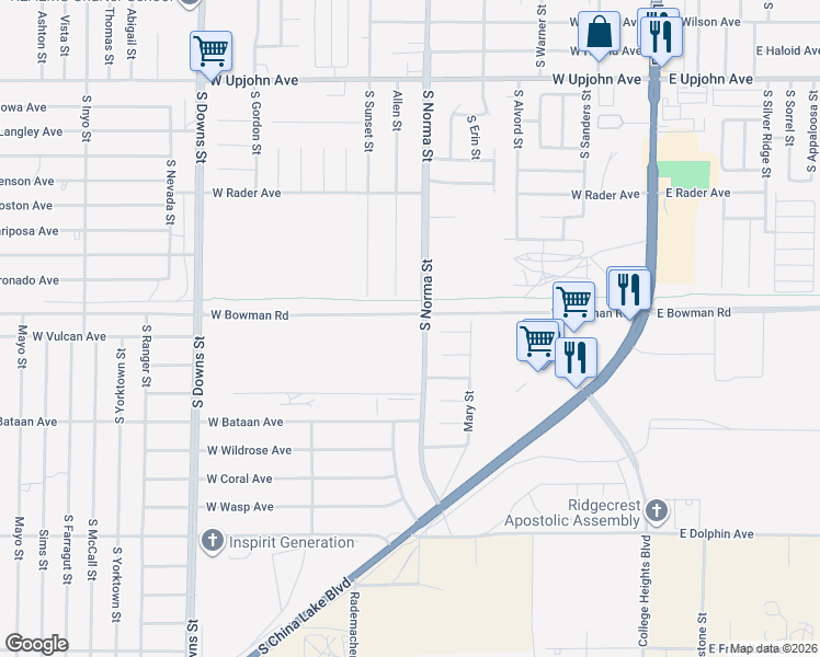 map of restaurants, bars, coffee shops, grocery stores, and more near 425 Marlene Court in Ridgecrest